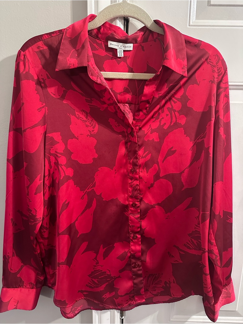 Maison d’Amelie Red Floral Satin Button-Front Blouse